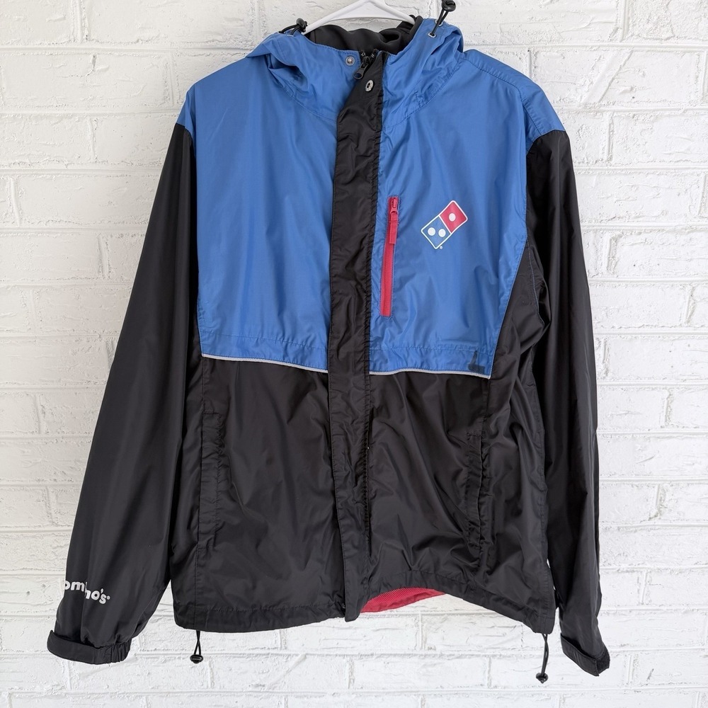 Dominos‎ Pizza Jacket Black Blue Hooded Windbreaker Reflective Full Zip Unisex L